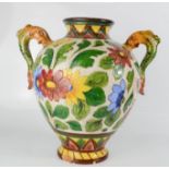 A majolica style Italian 20th century twin handled jar, 30cm high.