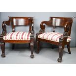 A pair of 19th century mahogany library chairs, with carved lion heads to the bowed arms,