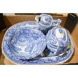 A quantity of blue and white ceramics, to include meat plate, spode Italian, tea pot and bowl.