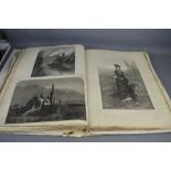 A Victorian folio of 19th century prints depicting various scenes and portraits, approximately 580.