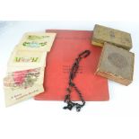 A Victorian rosary, hand woven Christmas cards and other examples, boxes, tins and book.