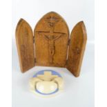 A French ceramic holy water plaque and a treen triptych.