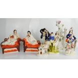 A group of 19th century Staffordshire figure groups and a pastille burner.