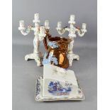 A pair of candelabras, cheese dish, and jug.