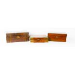 A rosewood 19th century campaign style box, and two further Victorian work boxes.