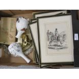 A group of items to include silver plated tray, vases, cigarette cards duck and pictures.