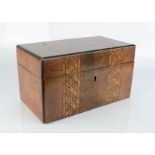 A 19th century tea caddy in burr walnut, with parquetry inlaid bands, 13 by 22cm.