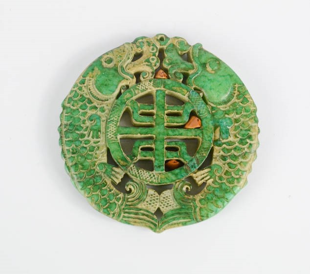 A Chinese carved jade pendant two goldfish.