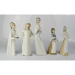 Four Lladro figures together with a Valencia figure of a girl.