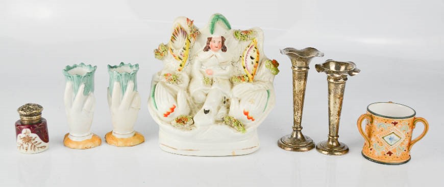 A 19th century Staffordshire figure group, together with a miniature Noritake loving cup, snuff