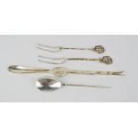 Two Chinese white metal forks, and a lobster fork/scoop, Sheffield 1961, and a coffee spoon by TB&S,