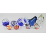 A quantity of various paperweights including millefiori, birds and others. (9)