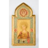 A painted and gilded wooden Icon depicting a female saint.