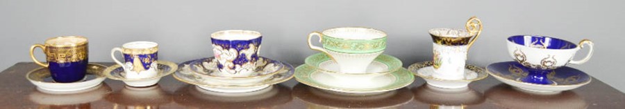 Six cup and saucer sets, including Cauldon china, Royal Crown Derby trio, Bistow, Dresden, Royal