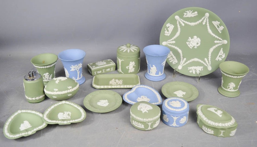 A group of Wedgwood jasperware, blue and green examples.