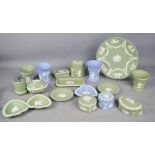 A group of Wedgwood jasperware, blue and green examples.