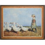 After Sir James Guthrie, oil on canvas depicting girl with geese, 76 by 101cm.