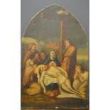 An early 19th century oil on canvas depicting a Station of the Cross, on an arch form frame, 87 by