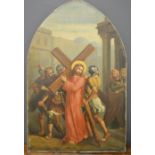 An early 19th century oil on canvas depicting a Station of the Cross, on an arch form frame, 87 by