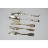 Two silver tablespoons, engraved with dolphin crests, London 1808, three silver dessert forks;