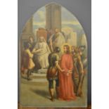 An early 19th century oil on canvas depicting a Station of the Cross, on an arch form frame, 87 by