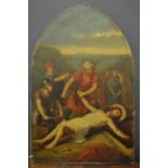 An early 19th century oil on canvas depicting a Station of the Cross, on an arch form frame, 87 by