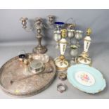 A quantity of silver plateware, to include tray, candlesticks, and pair of table lamps.