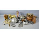 A selection of brass and copper, including pewter items, a lion, tea pot, and brass bulldog.