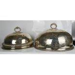 Two Country House meat covers, one engraved with decoration and stag, 30cm high.