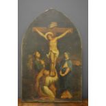 An early 19th century oil on canvas depicting a Station of the Cross, on an arch form frame, 87 by