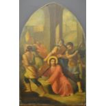 An early 19th century oil on canvas depicting a Station of the Cross, on an arch form frame, 87 by