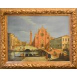 Follower of Canaletto, Italian oil on canvas, Venetian scene, labels verso, 75 by 60cm.