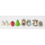 A pair of miniature salt and pepper in the form of a pear and an apple, and a miniature silver cruet