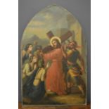 An early 19th century oil on canvas depicting a Station of the Cross, on an arch form frame, 87 by