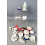 A quantity of various ceramic ring boxes, bells, Coalport miniature three handled jug, Crown Derby