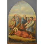 An early 19th century oil on canvas depicting a Station of the Cross, on an arch form frame, 87 by