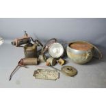 A Lucas headlamp, Raydyot headlamp, and a pair of aluminium sidelights, brass blow lamp, small oil