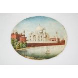 A 19th century Indian oil on ivory, miniature painting of the Taj Mahal, with fishermen and boats