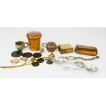 A group of miscellaneous items to include lockets, miniature tea pot, sewing kit, snuff box,