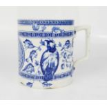 A late 18th/early 19th century blue and white mug, depicting a bird, and medallion, indistinct