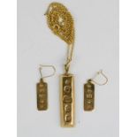 A 9ct gold ingot jewellery set, comprising pendant necklace and matching earrings, 22g.