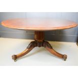 A 19th century mahogany circular tilt top breakfast table, with finely carved base, 73cm high, 136cm