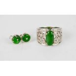 An 18ct white gold jade and diamond ring and matching white metal earrings (unmarked), 10.9g.