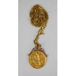 A 9ct gold necklace with full gold sovereign pendant, 13.9g.