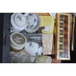 A box of miscellaneous to include boxed soap, gilt mirror, teapot, boxed glasses etc.