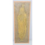 A Gothic style brass plaque depicting a skeleton in a cloth bound by snakes, 82cms x 15.5cms