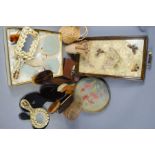 A group of vintage mirrors, brushes, including shell decorated hand mirrors, tin tray and other