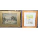 A 19th century watercolour of cattle and a daffodil print.