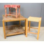 Two stools, a side table and an oak slat back chair.