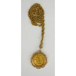 A 9ct gold necklace with gold half sovereign pendant, 1908, Edward VII, 13.7g.